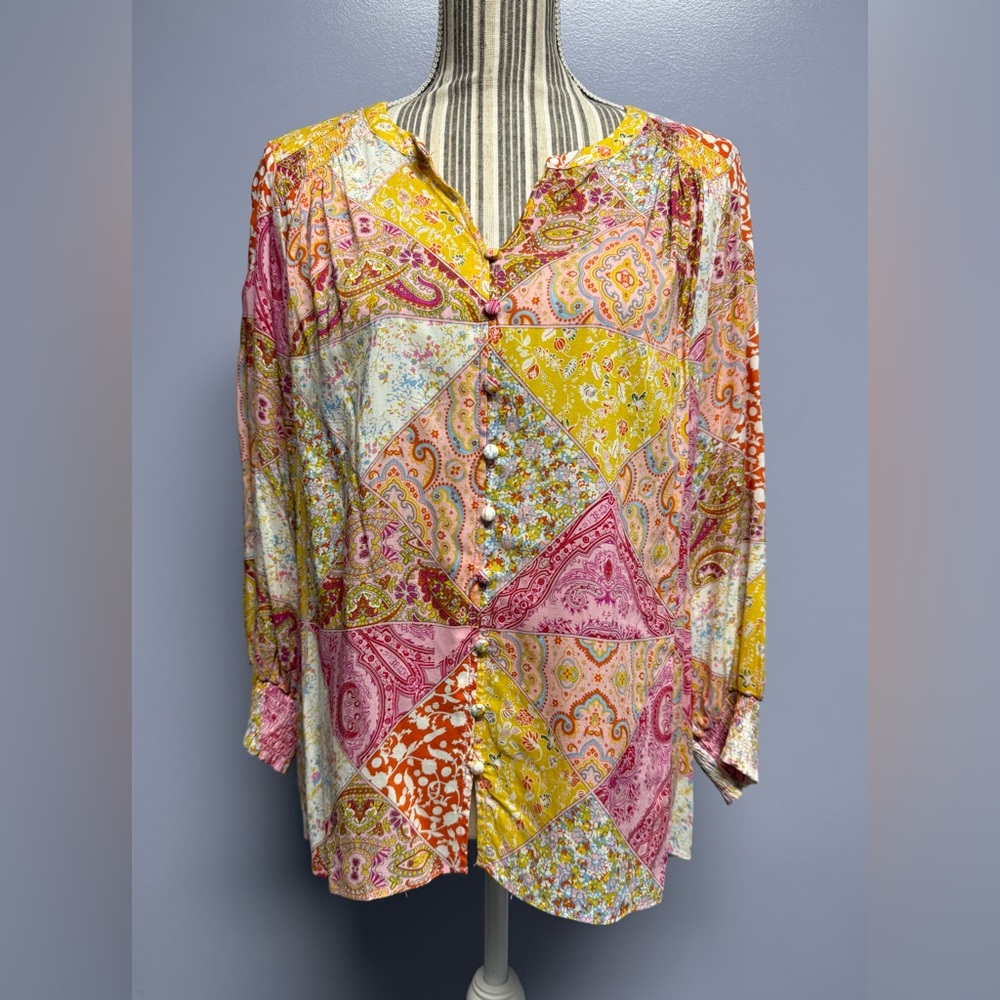 Rose + Olive Colorful Patchwork Paisley button up… - image 1